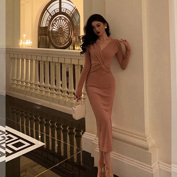 Sheath V Neckline Pink Pleated Prom Dresses Birthday Outfits Evening Gown SD1016